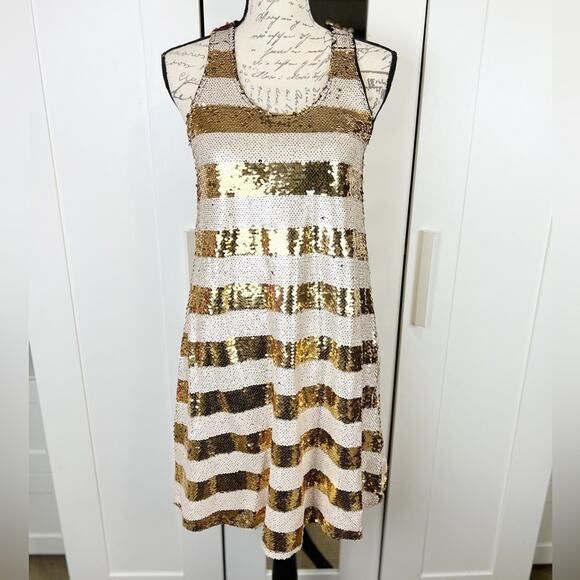Ellison Ivory and Gold Sequin Shift Cocktail Dress Size Medium - Picture 3 of 11